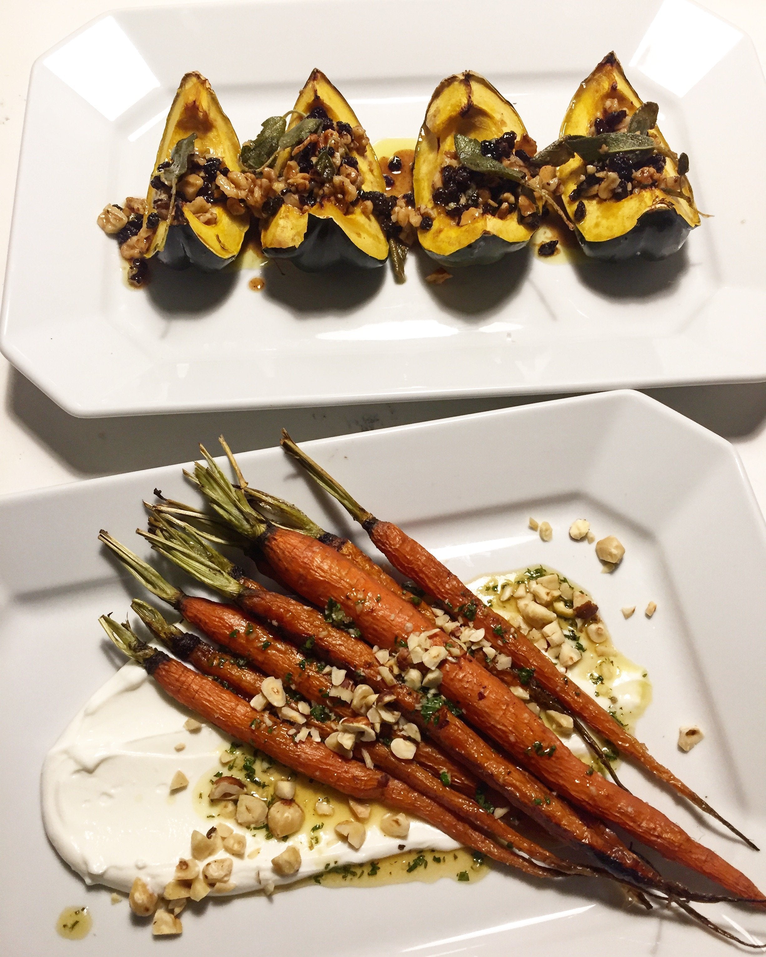 top: roasted acorn squash wedges on a white serving plate. bottom: roasted carrots over a yogurt sauce with roasted hazlenut and honey topping