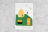 honey vignette postcard with skep, honey jar, honeycomb, and tea bees
