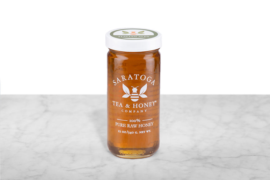 jar of golden Italian Alps savory honey for marinades and vinaigrettes from Saratoga Tea & Honey Co.
