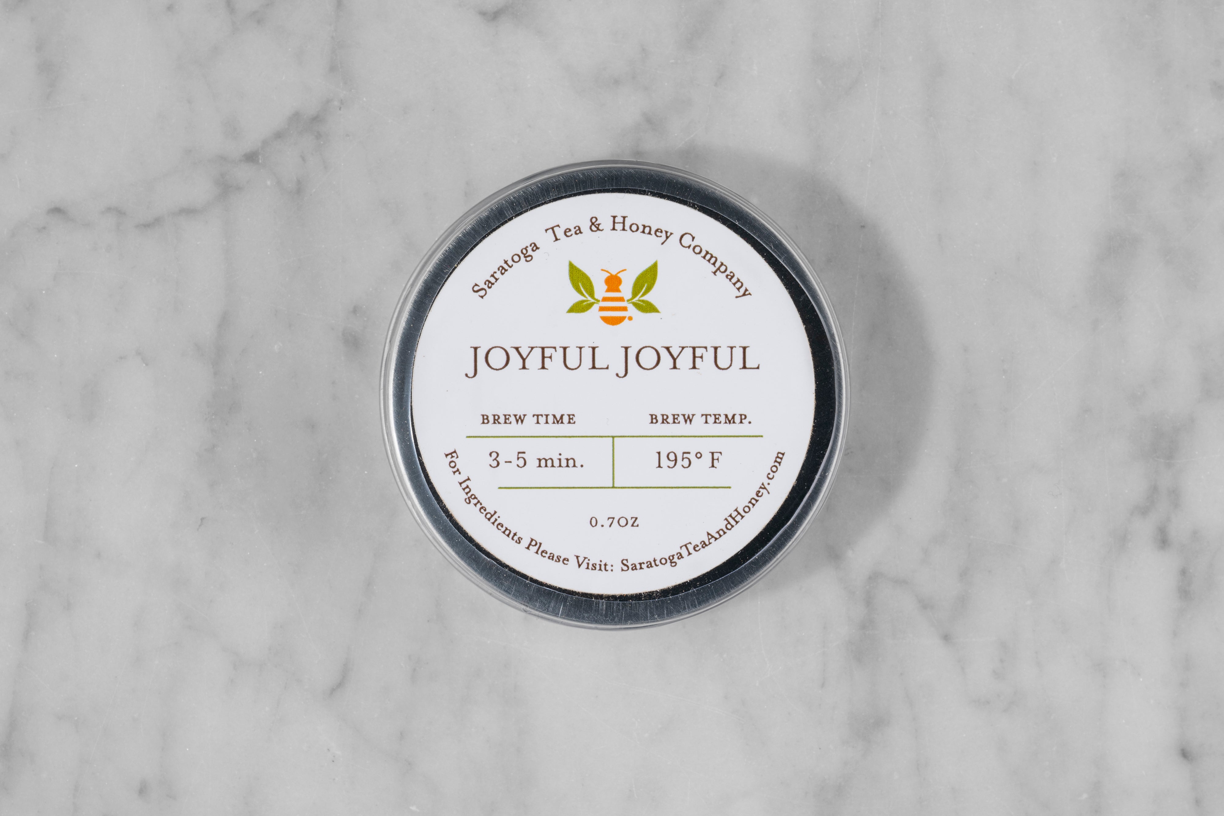 Example mini tea tin back label. Label for Joyful Joyful tea with instructions. Brew time: 3-5 min. Brew temp: 195°F.