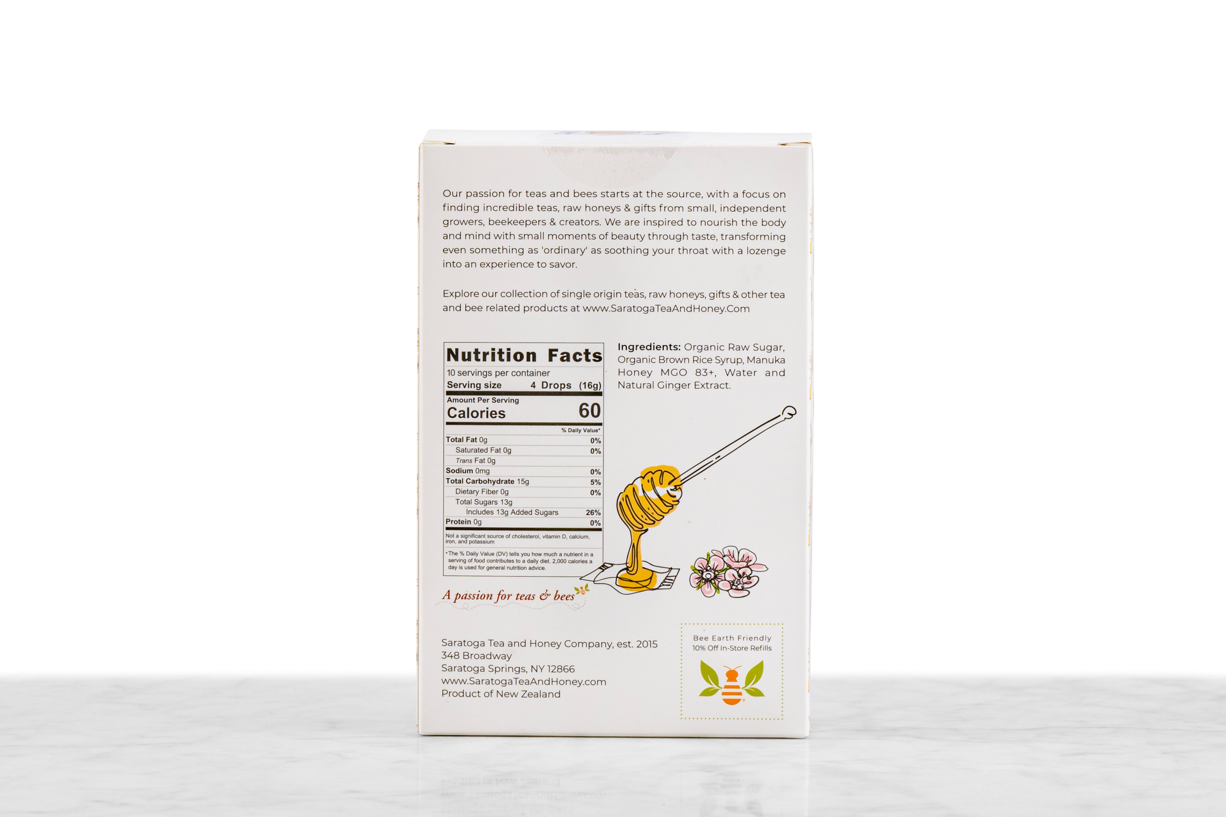 Back view of Manuka Honey Candy Ginger honey drops box including ingredients