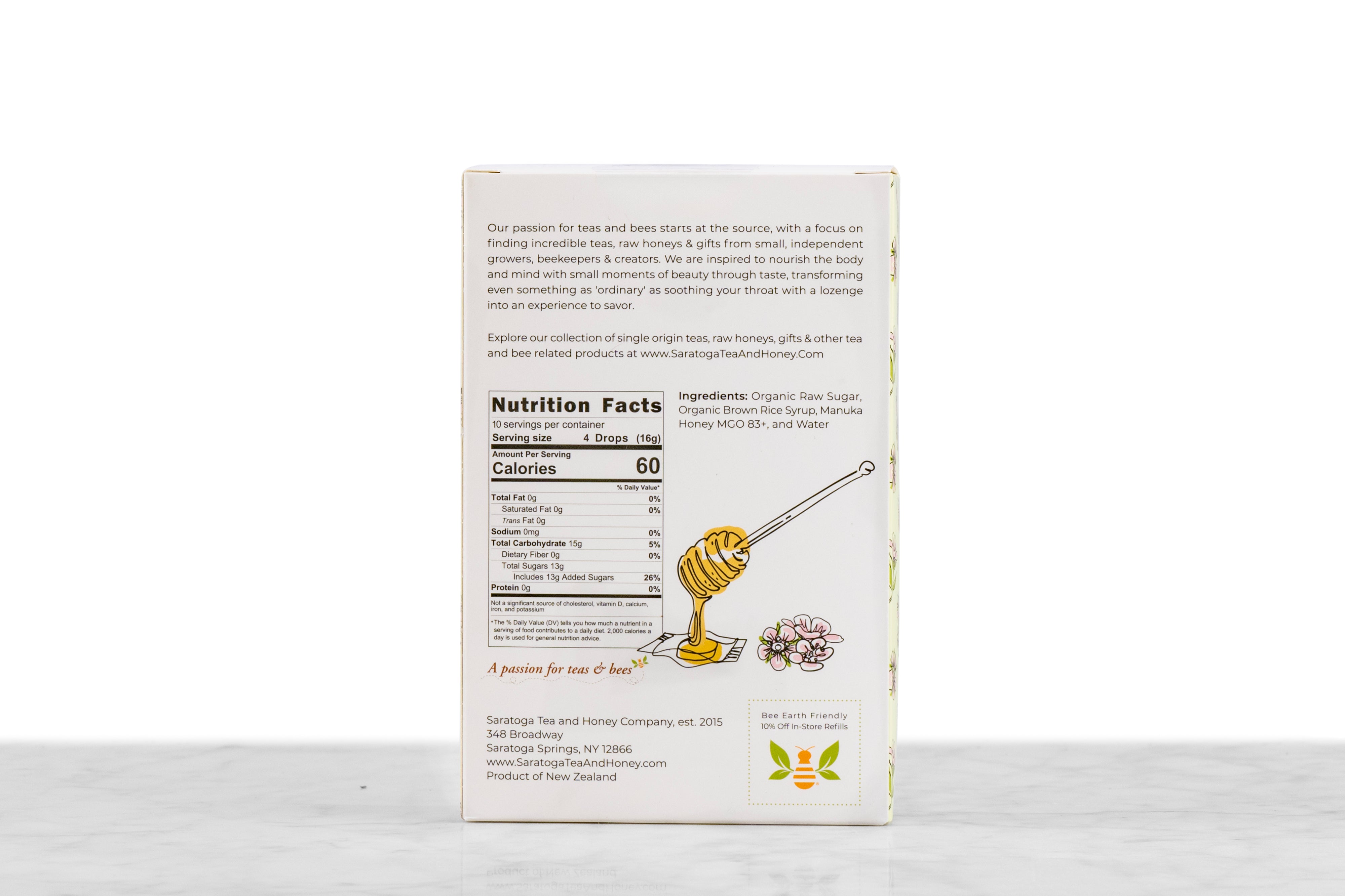 Back view of manuka honey candy box including ingredients