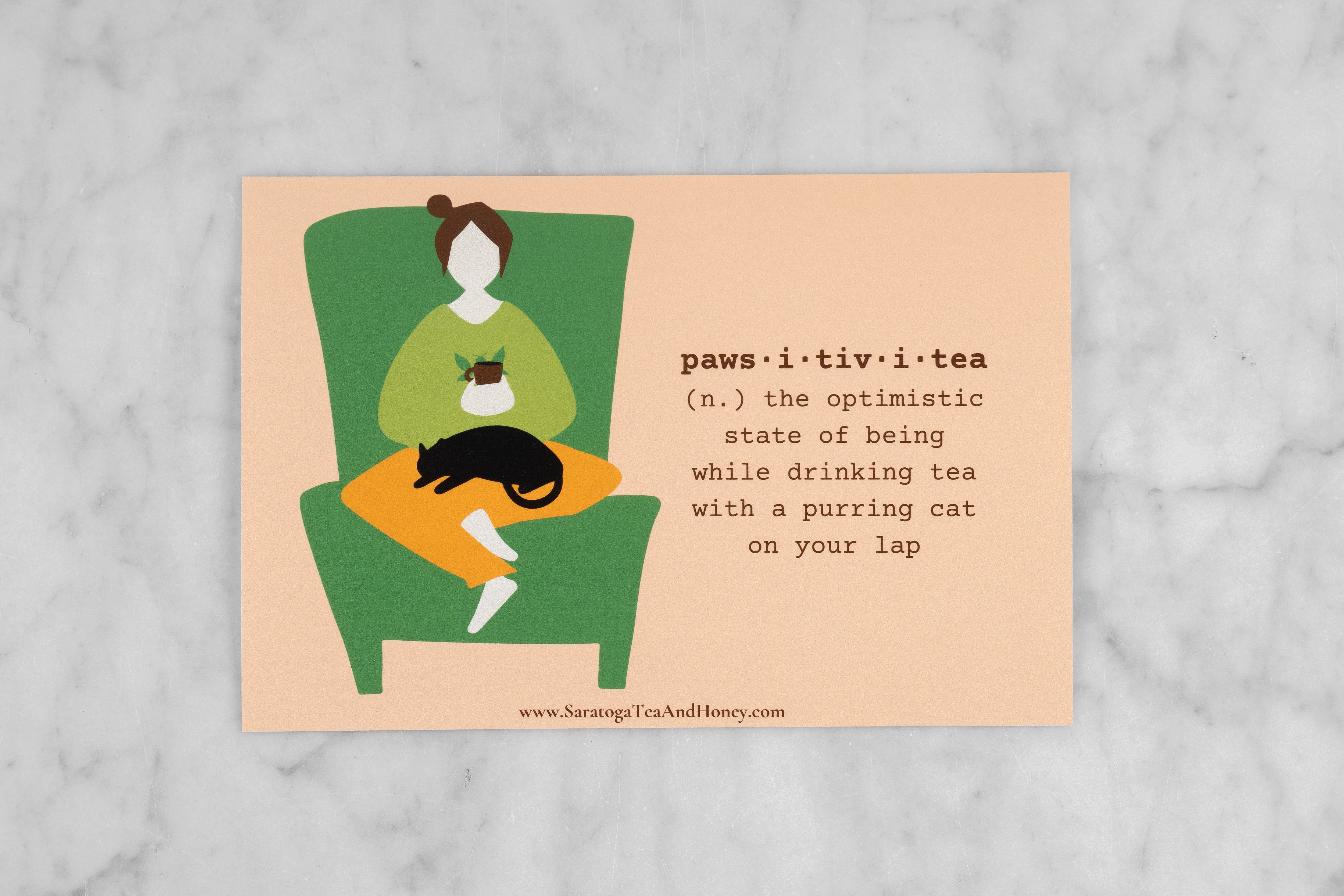 cat and tea pun postcard: paws-i-tivi-tea