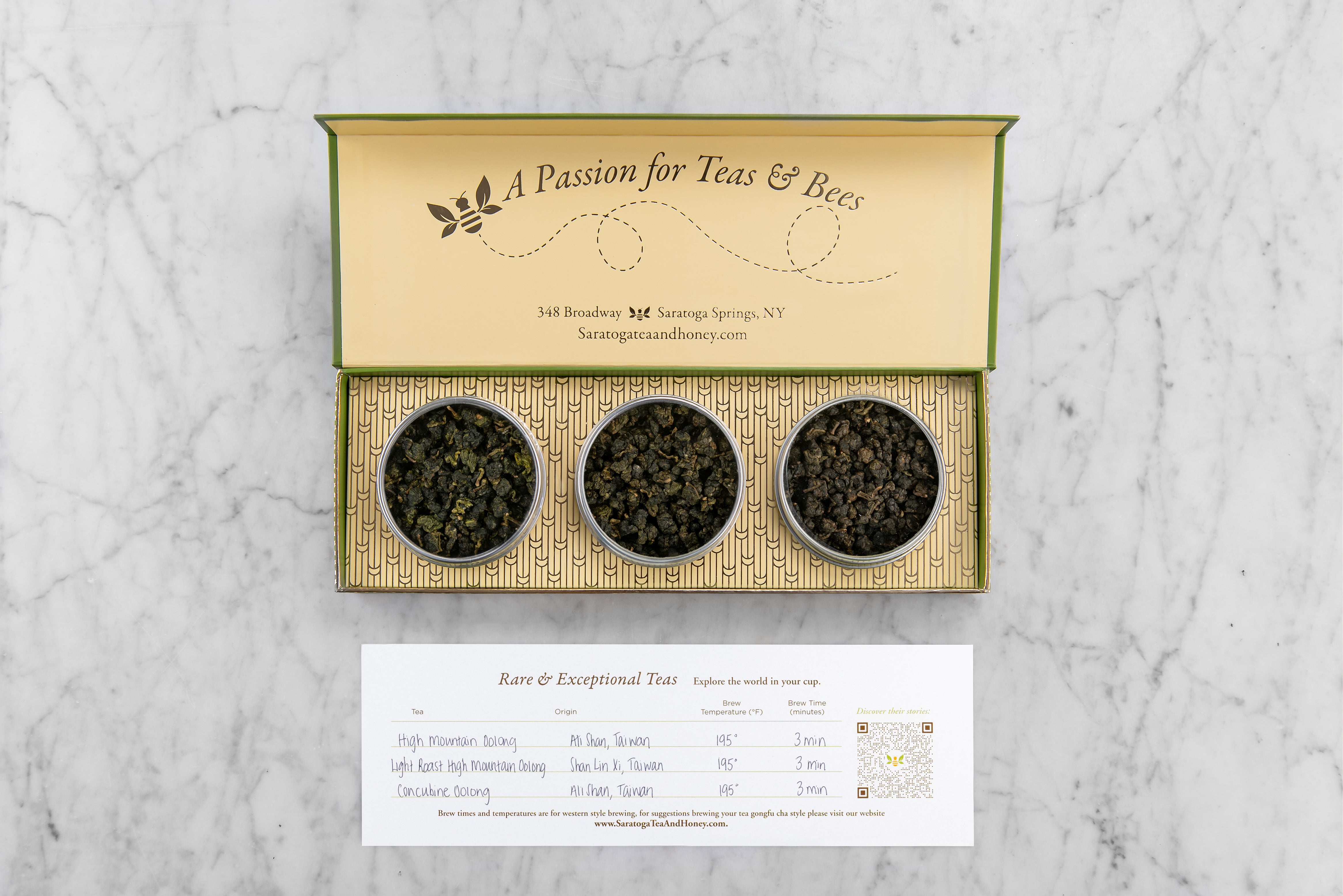 3 pack tea gift set featuring rare and exceptional teas with brewing instructions