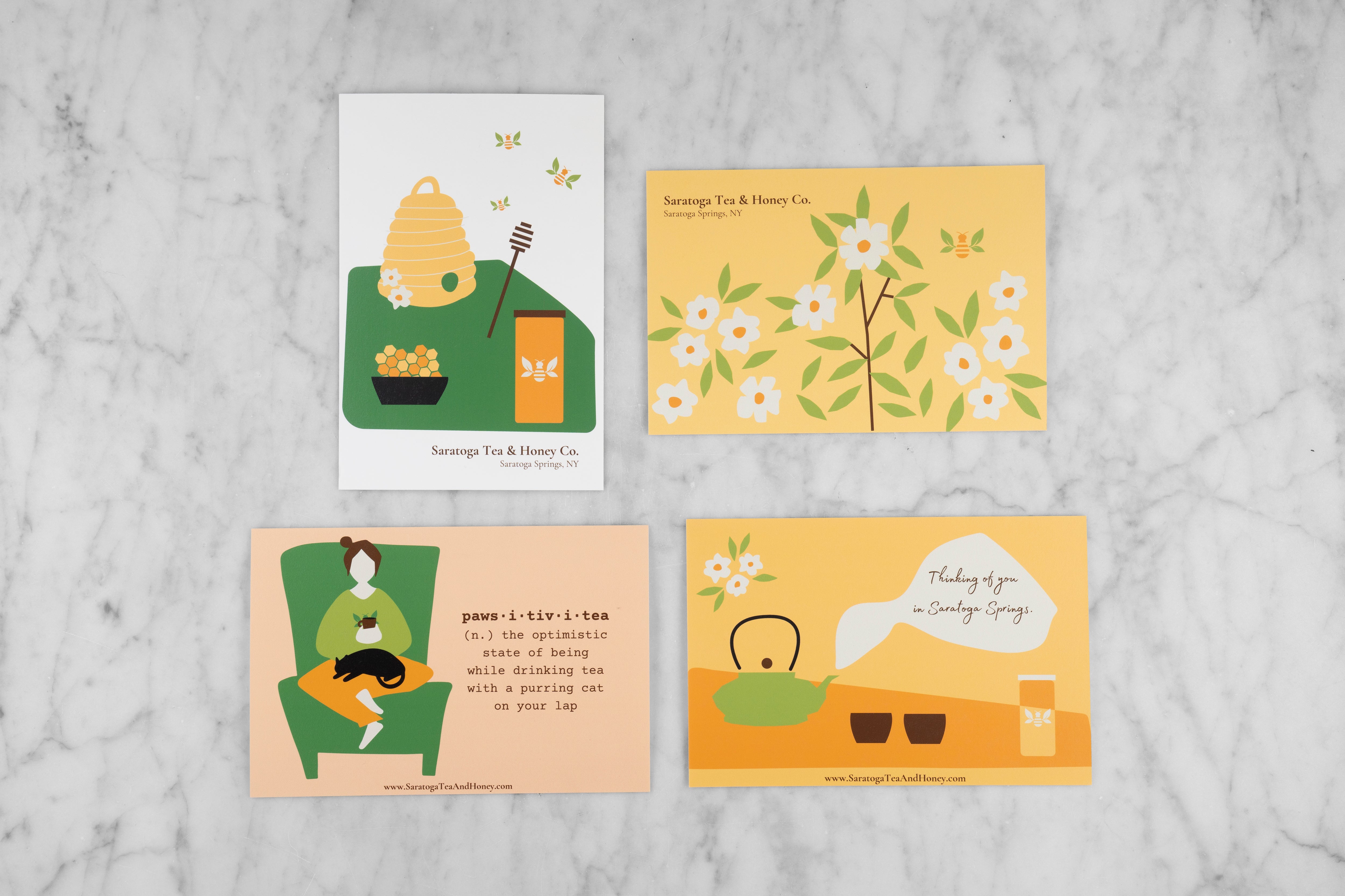 four saratoga tea and honey co postcards