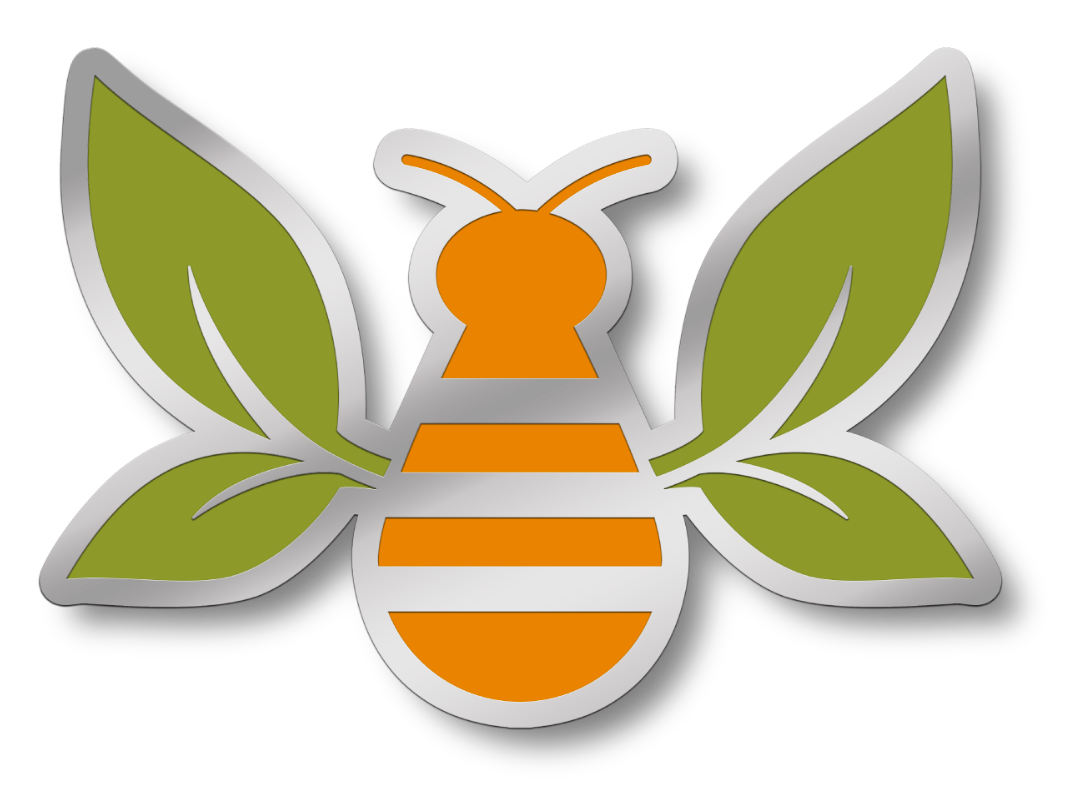 Rendering of an enamel pin of the Saratoga Tea & Honey Co. Tea Bee with silver backing, green tea leaf wings, and an orange body.